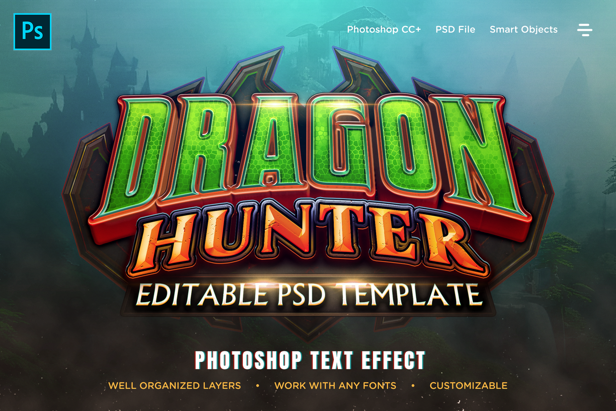 Dragon Hunter Logo Game Title 3D Text Effects