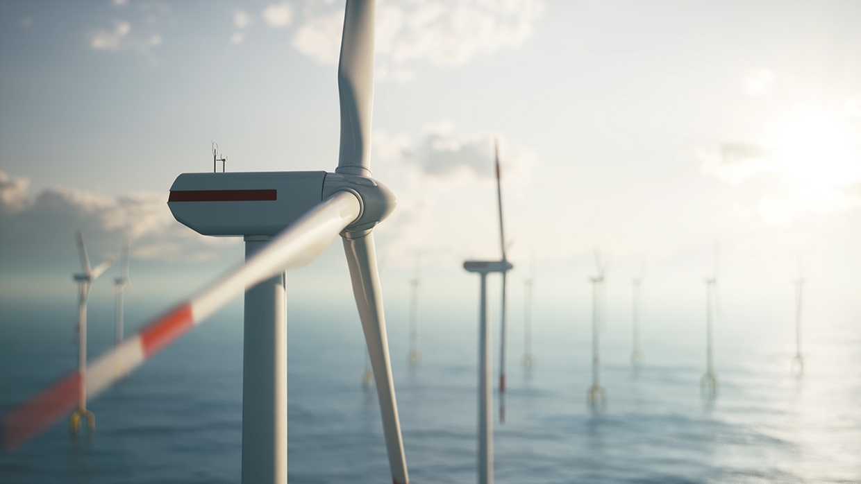 Energy Windmill farm in the ocean. Offshore Windmill f ALEKSTOCK