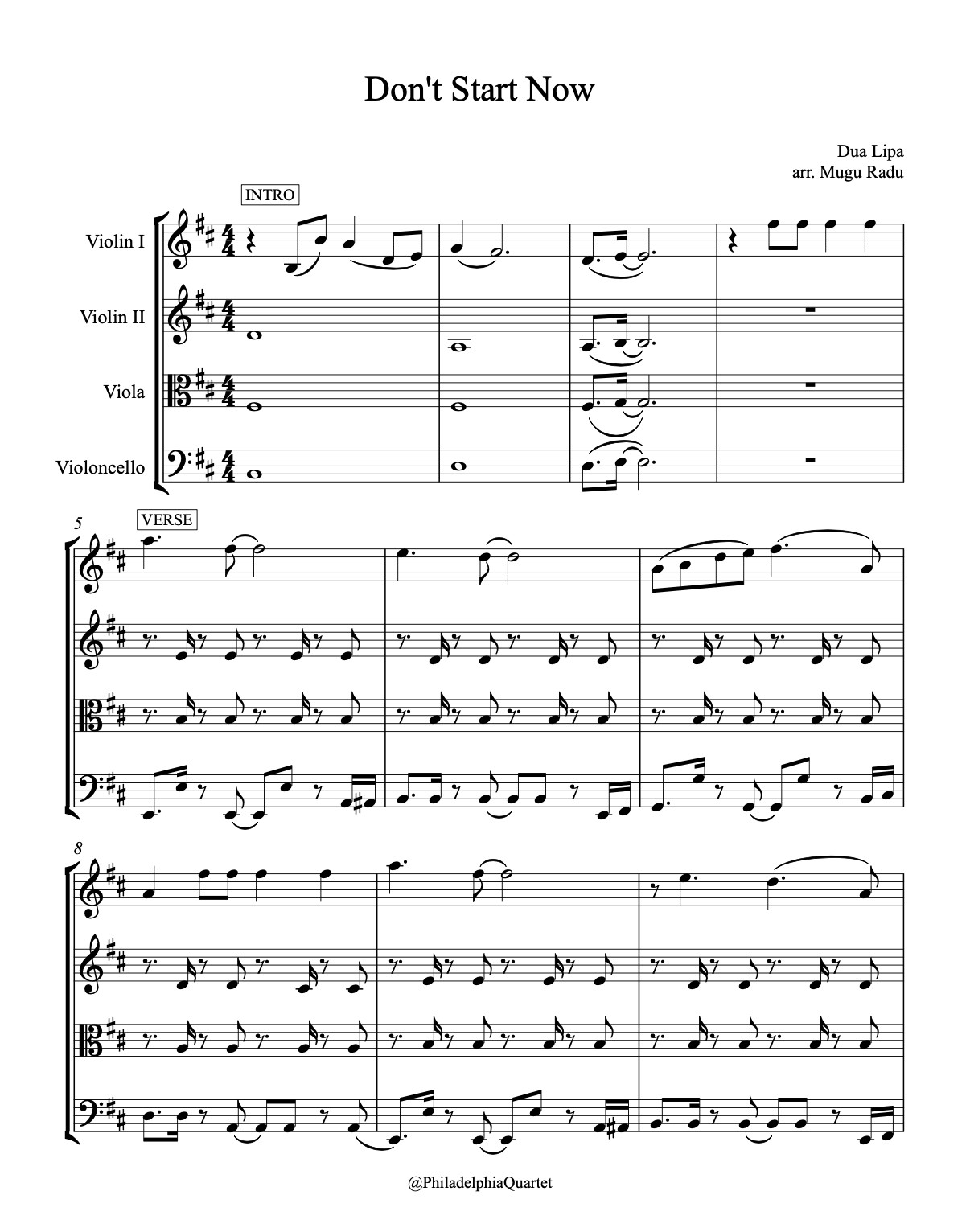 Don T Start Now By Dua Lipa String Quartet Sheet Mus Mrmusic