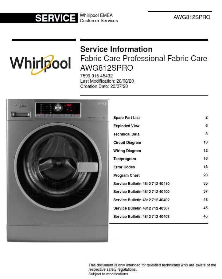 Whirlpool AWG 812 S PRO Washing Machine Service Manual serviceandrepair