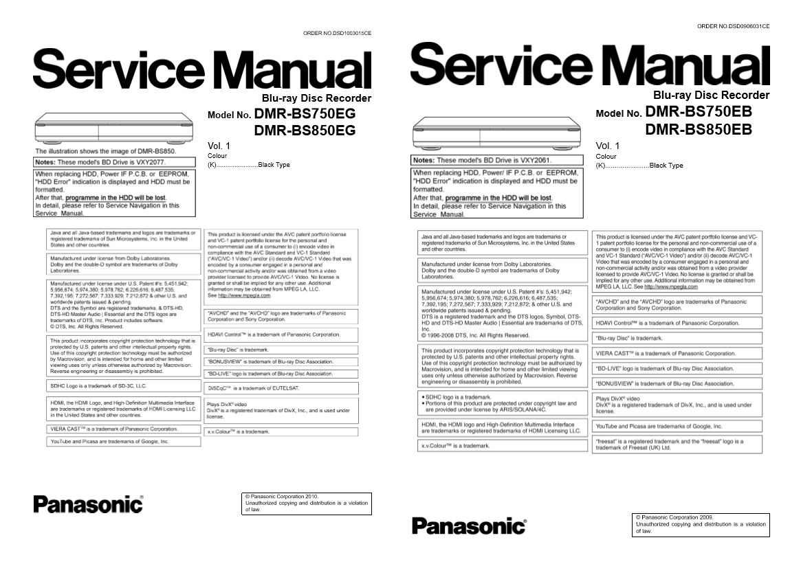 Panasonic DMR BS750 BS850 Blu Ray Recorder Service Man serviceandrepair