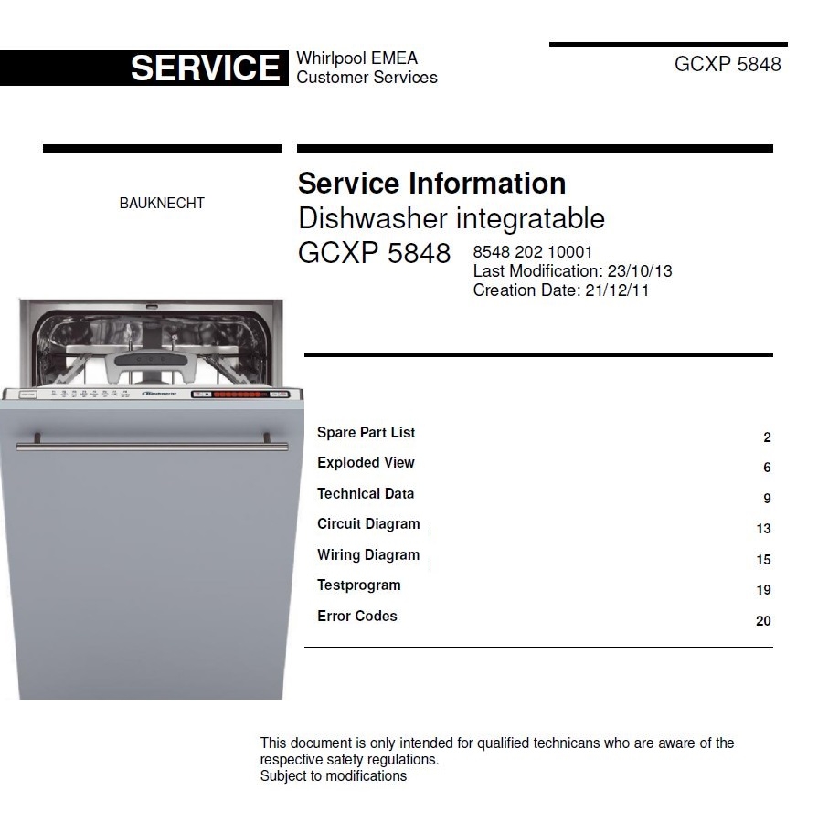 Bauknecht GCXP 5848 Dishwasher Service Manual & Techn serviceandrepair