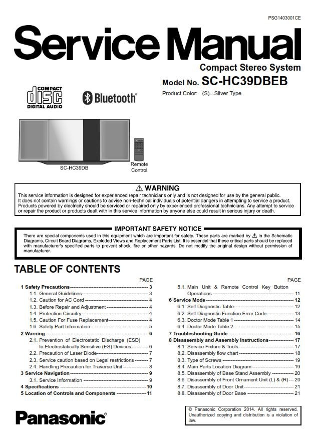 Panasonic SC HC39DB Stereo System Service Manual & Rep serviceandrepair