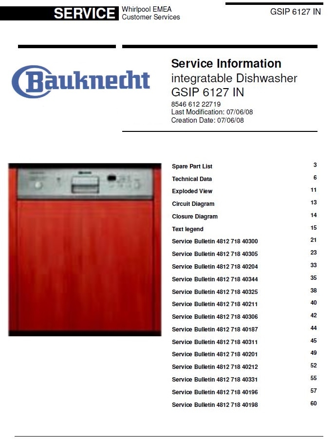 Bauknecht GSIP 6127 IN Dishwasher Service Manual & Tec serviceandrepair