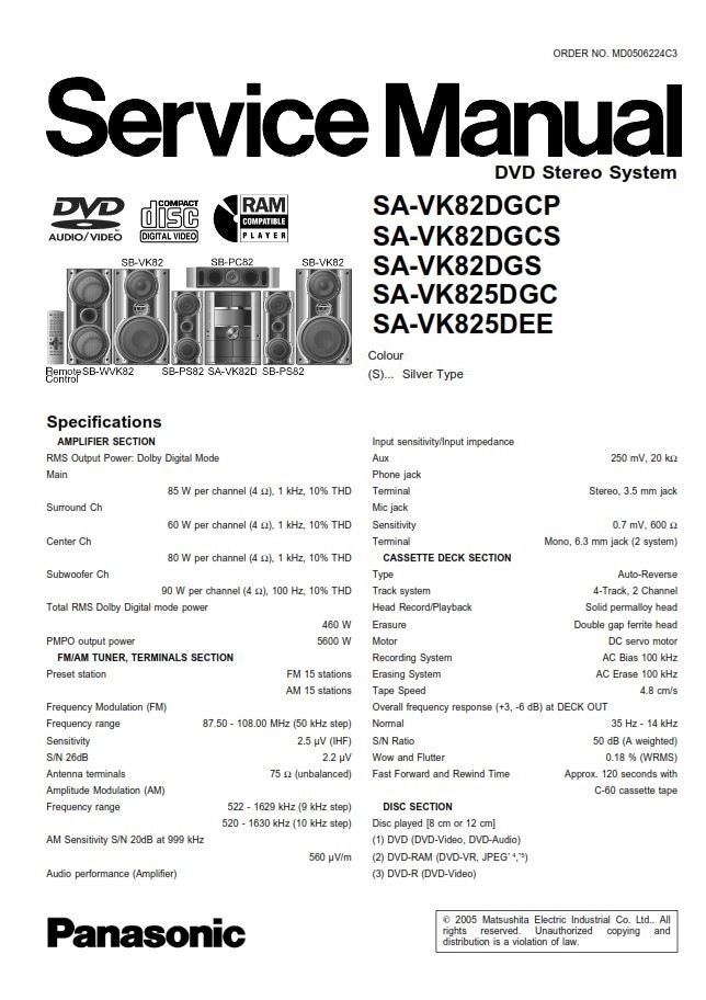 Panasonic SC-VK825D VK82D Stereo System Service Manual - serviceandrepair