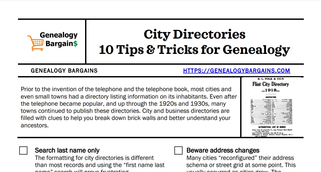 CHEAT SHEET City Directories 10 Tips and Tricks for Genealogy Bargains