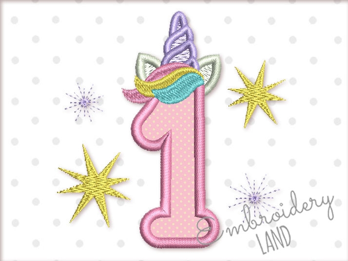 Unicorn Number 1 Applique Machine Embroidery Design HB - EmbroideryLand