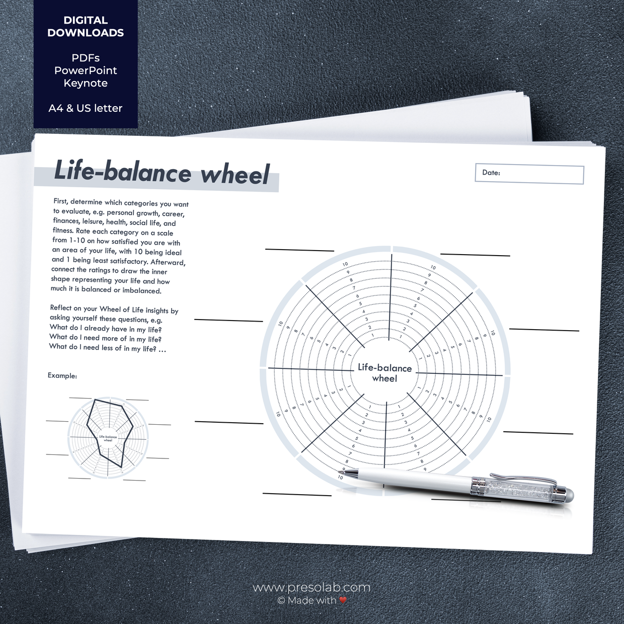 Lifebalance wheel / Coaching wheel / Wheel of balance PresoLab.